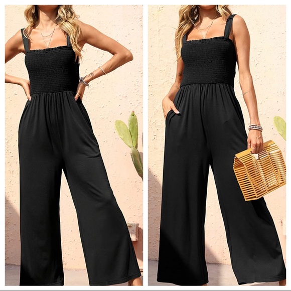 41 Mocha Boho Smocked Wide Leg Solid Knit Jumpsuit with Pocke… - Picture 3 of 7